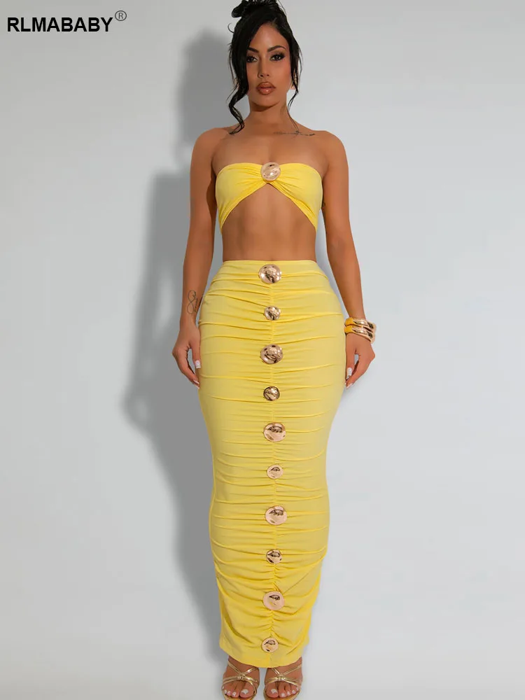

RLMABABY Sexy Button 2 Piece Set Strapless Crop Top And High Waist Back Split Skirts Outfits Women Club Party Dress 2 Piece Set
