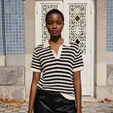 

Summer new striped Polo lapel hollowed out slimming knit shirt comfortable and casual versatile short sleeved T-shirt