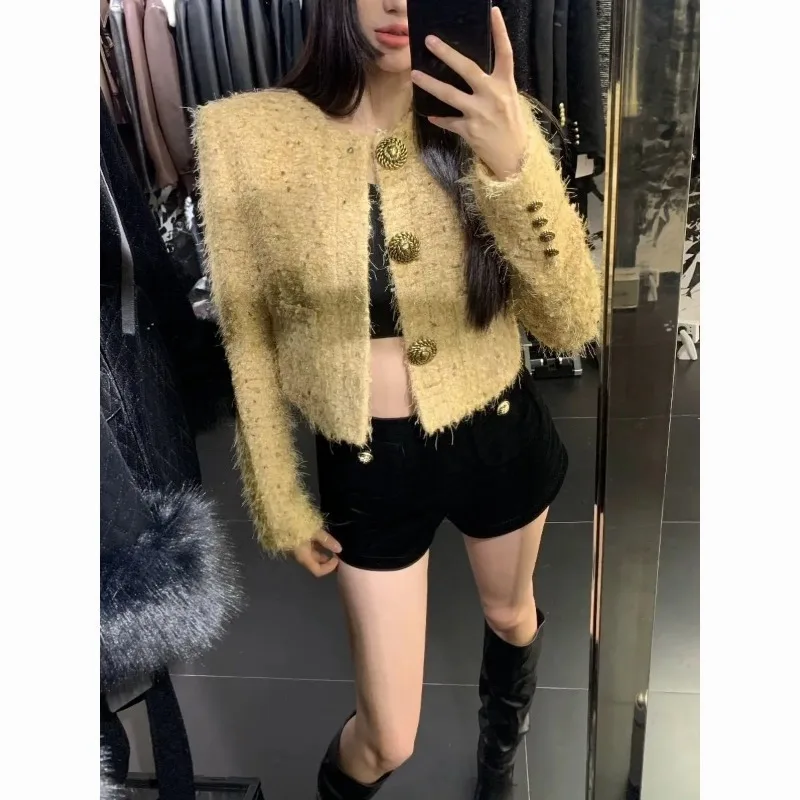 New French Autumn and Winter Thickened Temperament Round Neck Exquisite Breasted Short Coat Fashionable Versatile Top