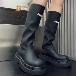 Women Knee High Boots PU Leather Platform Shoes Increase Slip On Winter Snow Female Black White Sneakers Chimney Boots