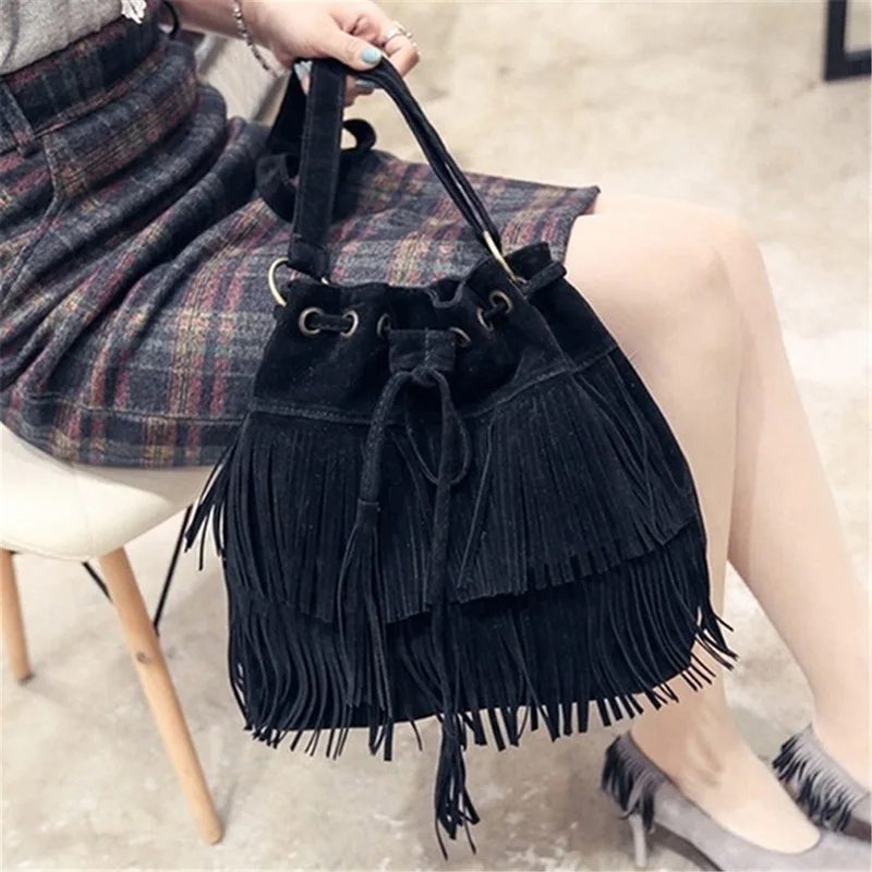 2023 Faux Suede Fringe Women Messenger Bags Tote Luxury Fashion Ladies Handbag Tassel Shoulder Vintage Crossbody Female Handbag