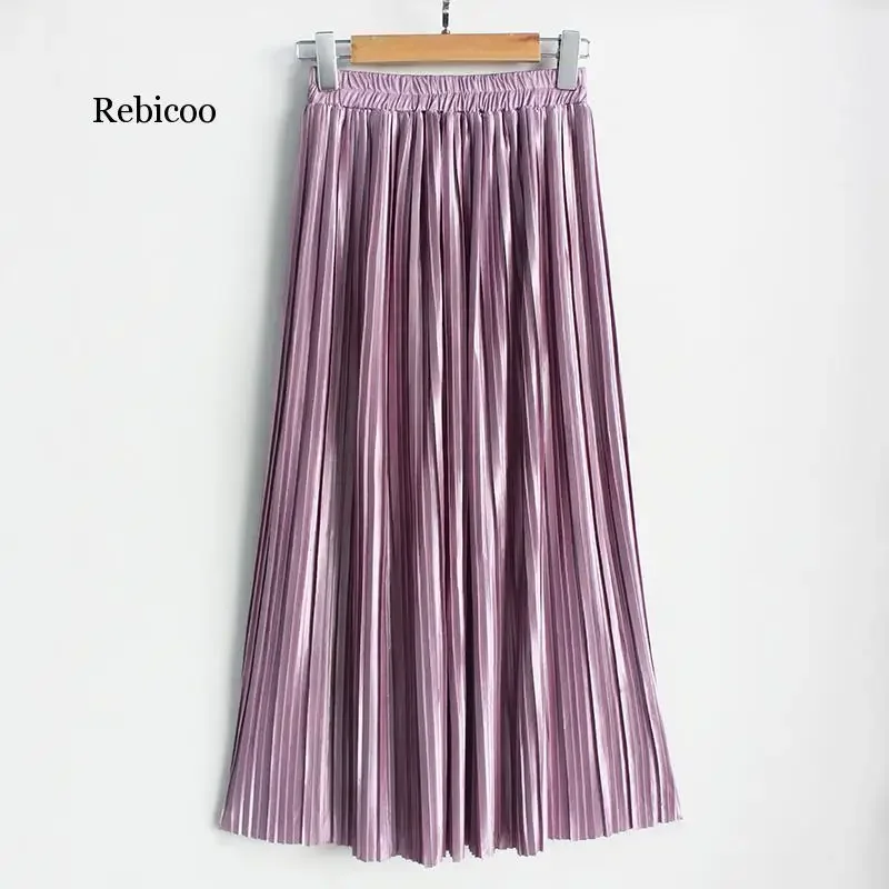 Faldas Largas plisadas de verano para Mujer, Faldas a media pierna metalizadas, a la moda