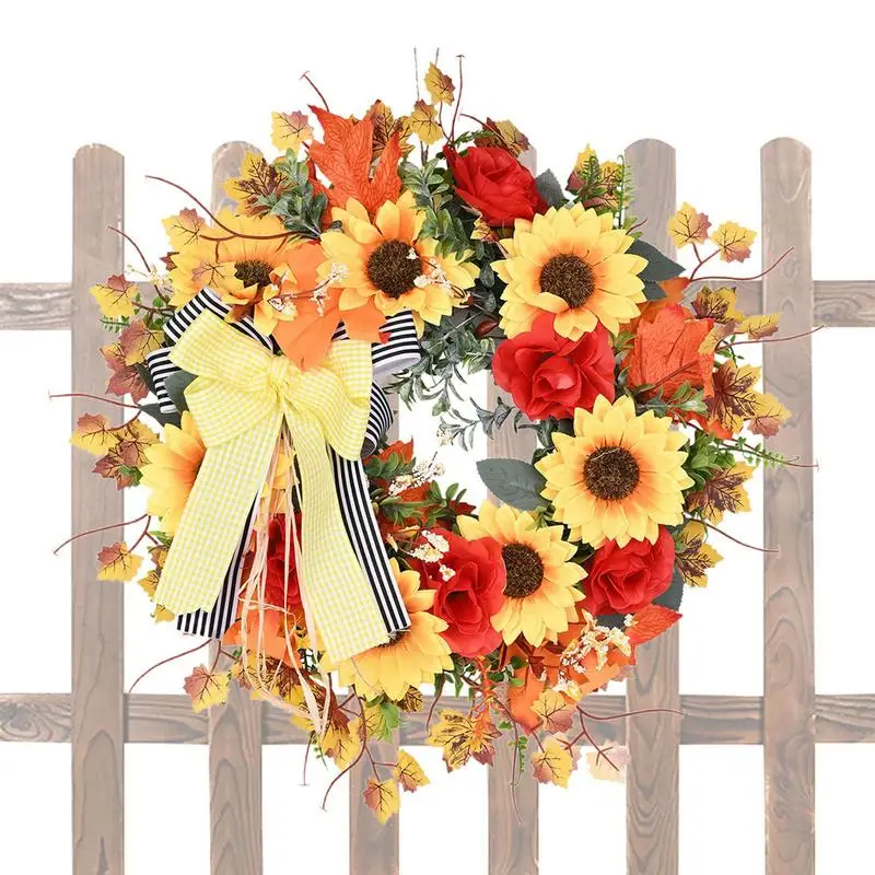 17 Inches Sunflower Door Wreath Thanksgiving Sunflower Wreath with Bowtie Autumn Wreath Sunflower Decor for Front Door Outside