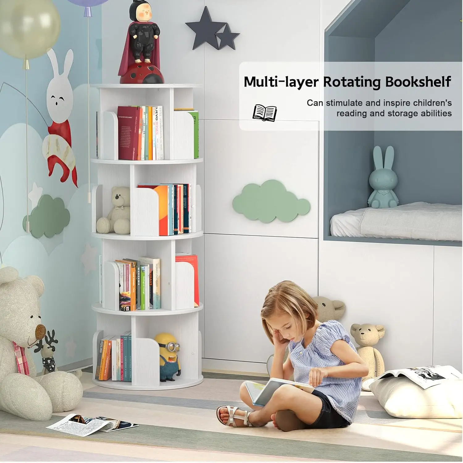 Aheaplus Rotating Bookshelf, Small Corner Bookshelf for Small Space, 360 Display 4 Tier Floor Standing Bookcase Storage Rack, Wo