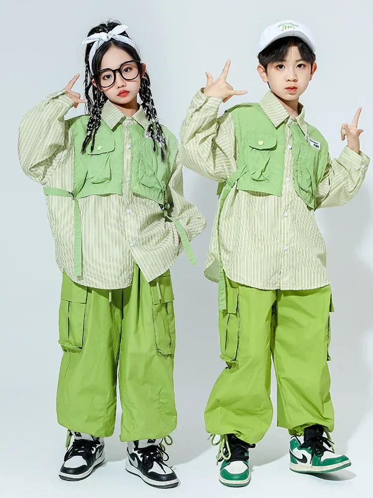 

Kids Hip Hop Clothing Green Tops Streetwear Harajuku Jogger Tactical Cargo Pants for Girls Boys Dance Costume Clothes