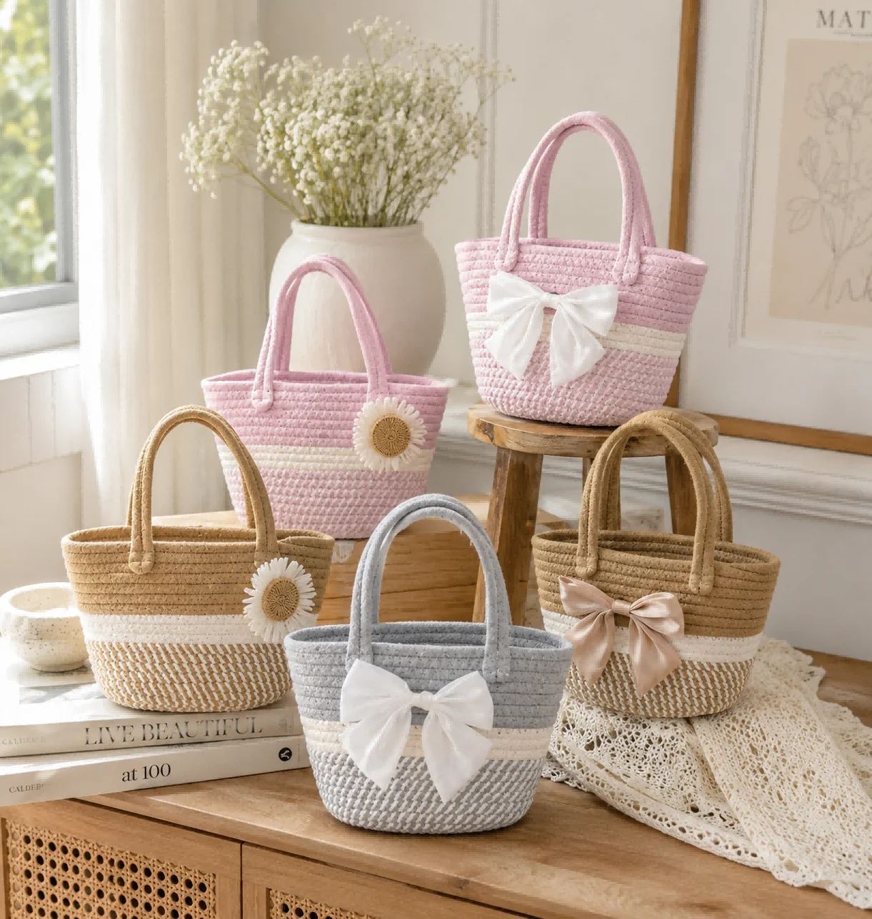 

Cute Woven Tote Bag for Women Bowknot Straw Handbag Summer Vacation Beach Bag
