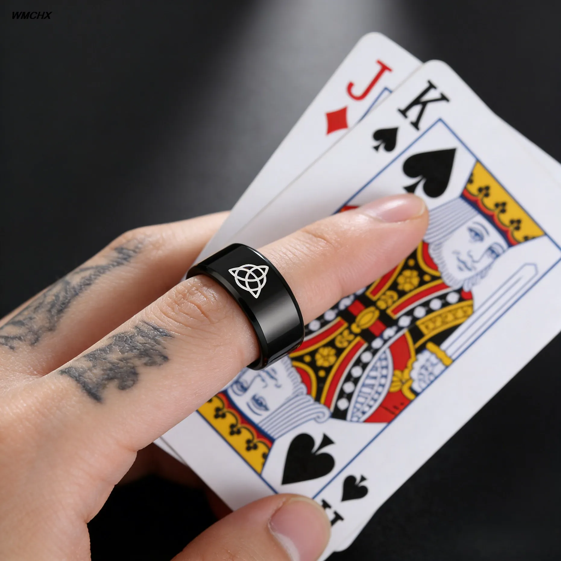 WMCHX 8mm Black Color Celtics Knot Magic Ring Stainless Steel Fenrir Irish Knot Signet Vikings Amulet Ring For Men Rings