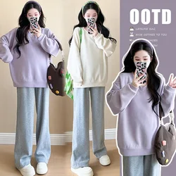 Spring Autumn Maternity Cotton Clothes Solid Color V-neck T-shirts Pregnant Women Long Sleeve Hoodie Maternity Loose Casual Tops