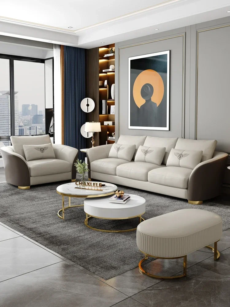 

Post-modern luxury leather sofa in-line three-person combination simple luxury small apartment living room leather sofa furnitur