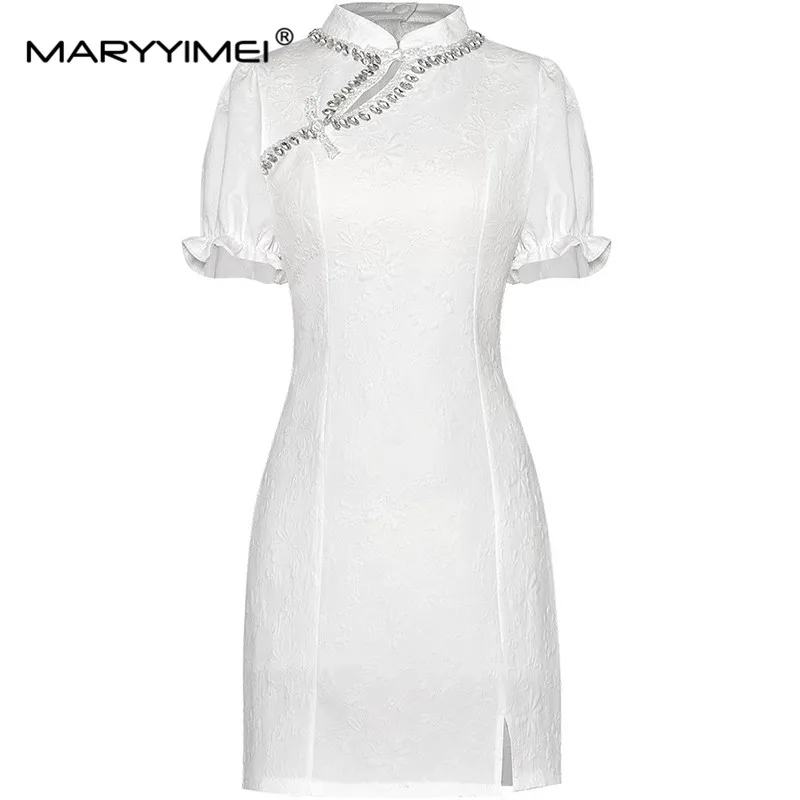 

MARYYIMEI Fashion Summer Women's Stand Collar Single Breasted Crystal Beading Hollow Out Lace UP Elegant Mini Dresses