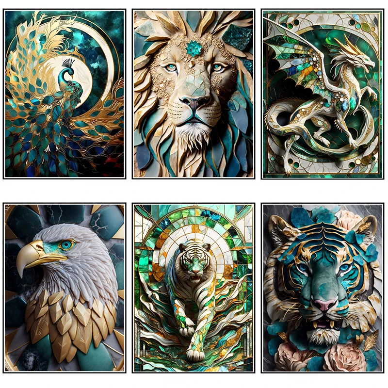 Emerald Jade Posters and Prints Gem Golden Animal Head Canvas Painting Wall Art Elegant Splendid  Pictures for Living Room