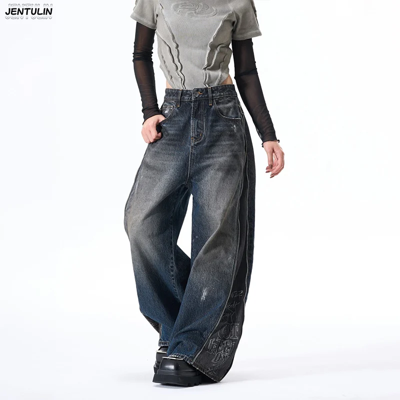 High Street Deconstructed Splicing Wide Leg Jeans Side Zipper Graffiti Make Old Grinding White Loose Men's Pants Y2k Clothing