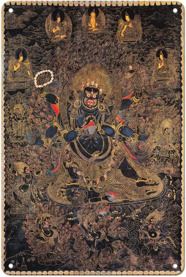 Mahakala - The Great Black Protector of Buddha - Tantric Deity - Vintage Tibetan Thangka Buddhist Painting - 8 x 12 inch Vi sign