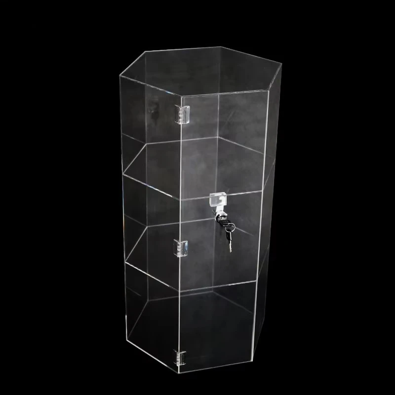 Large transparent acrylic lockable display case, plastic display case with 3 shelves