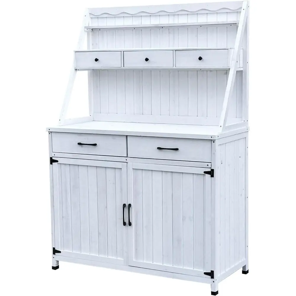 

Garden Workbench with Wooden Tabletop and Storage, Outdoor Potting Table for Patio and Greenhouse