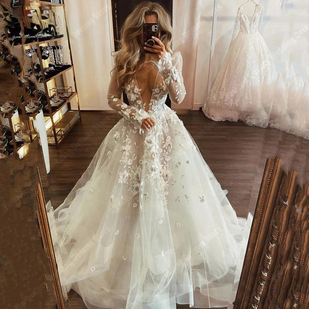 2024 Beautiful Sexy A-Line Wedding Dresses Princess Prom Sparkling Floral Printing Bride Gowns Engagement Ball Long Sleeves Robe