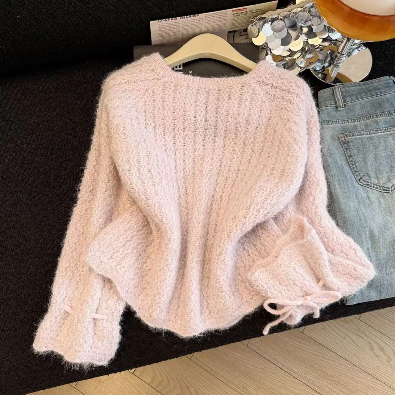 Vrouwen Roze Trui Koreaanse Stijl 2000s Vintage Lange Mouwen V-hals Gezellige Kasjmier Trui Voor Vrouwen Shoujo Kleding Lente