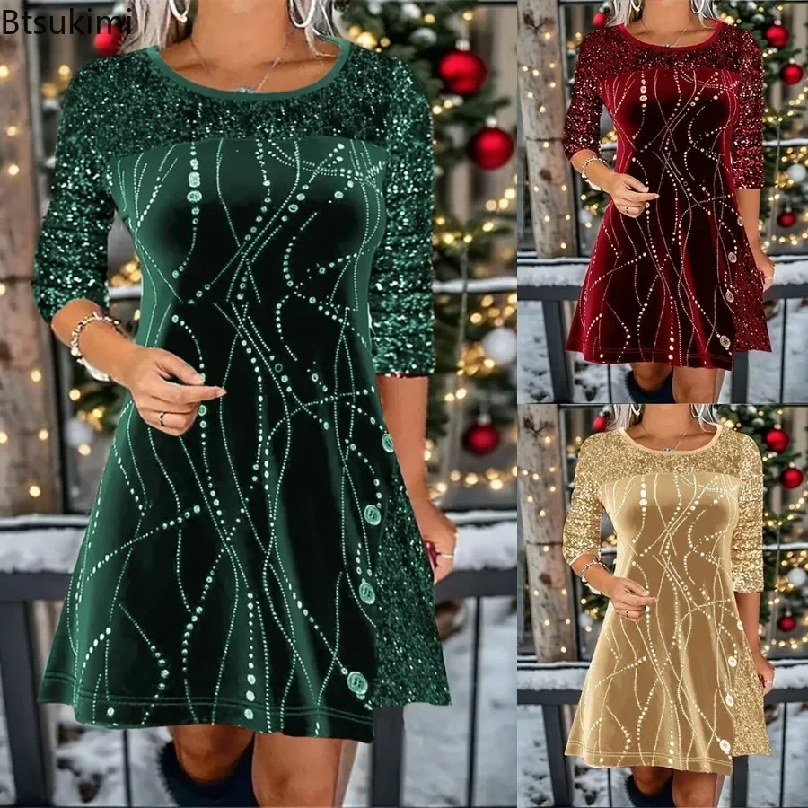 

New 2025 Women's Autumn Winter Sequins Club Party Dress Print Long Sleeve Casual Christmas Dress Vintage Chic Pattern Dresses