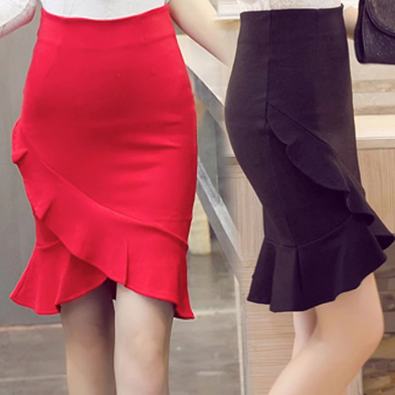 

New Elastic High Waist Fish Skirt Lotus Leaf OL Package Hip Female One Step Skirt Plus Size S-5XL