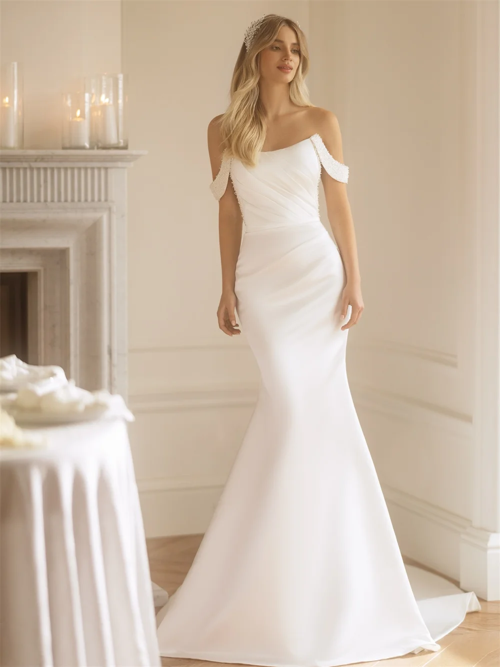 Suknia ślubna w stylu syreny, biała, bez rękawów, z odkrytymi ramionami, zapinana na zamek z tyłu, z trenem typu court, suknia wieczorowa, Kyoto Customized, 2026