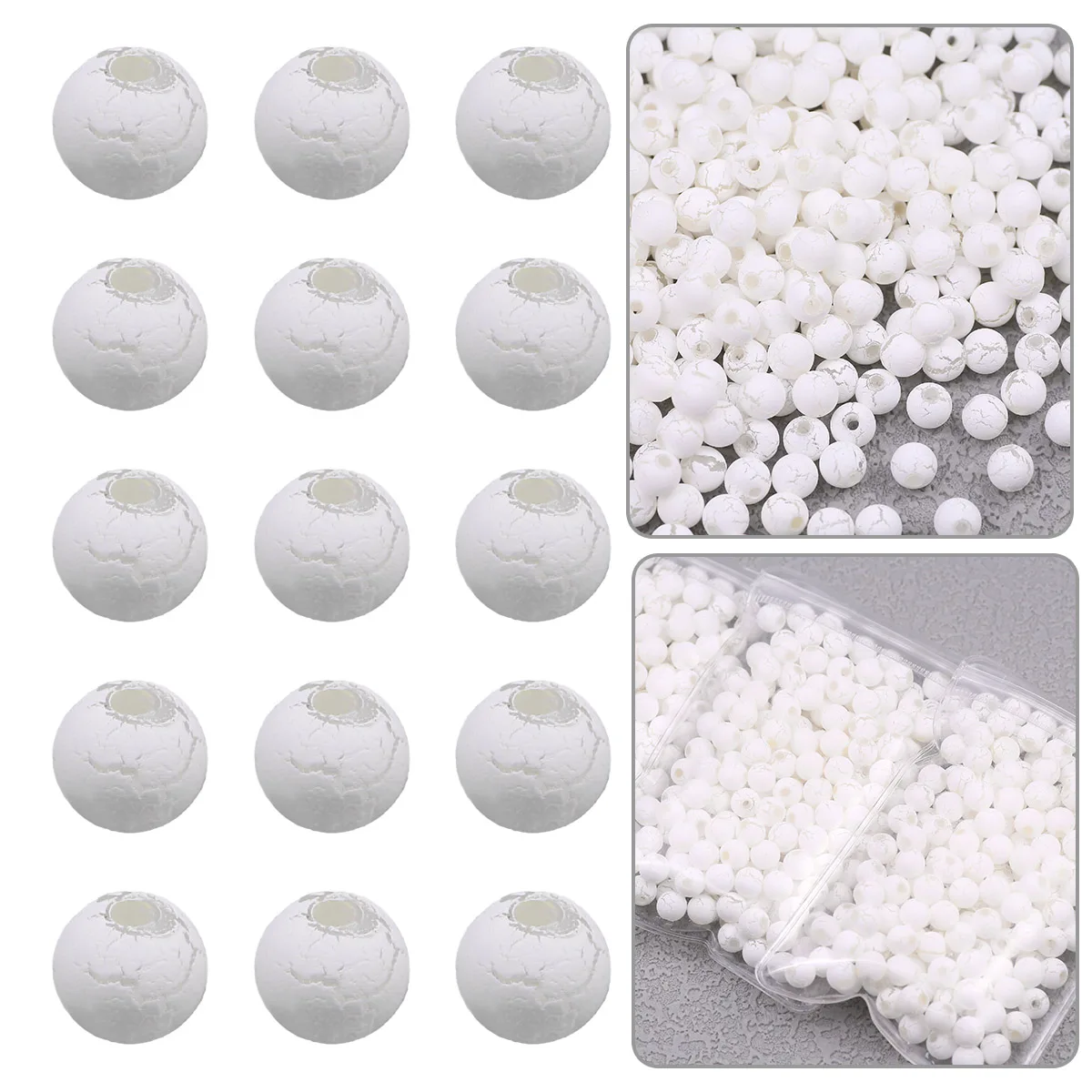 100-300pcs 8mm White Color Cracked Acrylic Perforated Round Bead Large Hole Beads for DIY Bracelet Necklace Bead Accessories