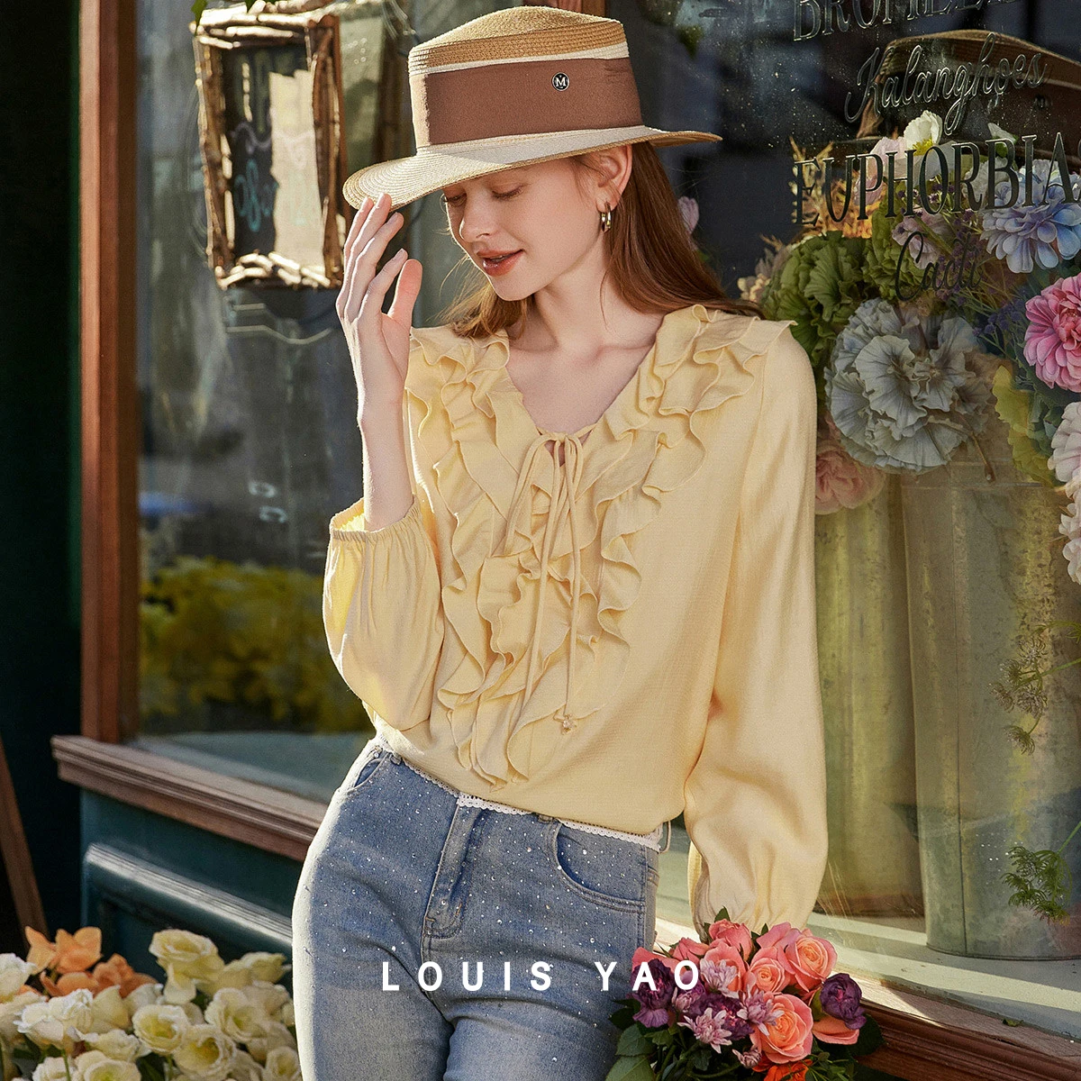 

LOUIS YAO Sweet Ruffled Design Women's Blouse 2026 Spring Summer French Elegant Solid Color V-Neck Pullover Long Sleeve Shirt
