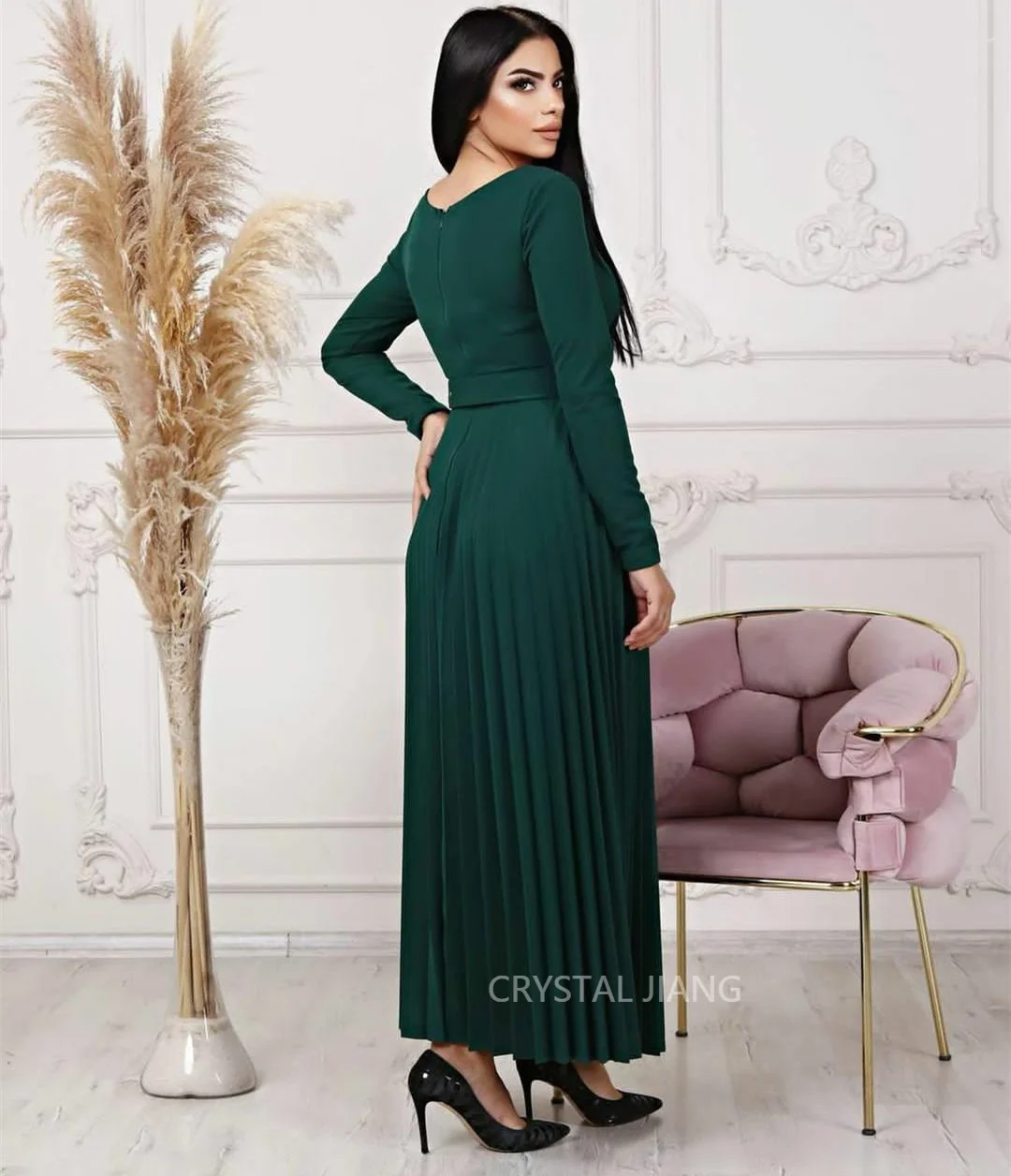 Robe de soirée longue plissée pour femme, robes musulmanes, ligne A, longueur de rinçage, robe de Rhchérie, vert