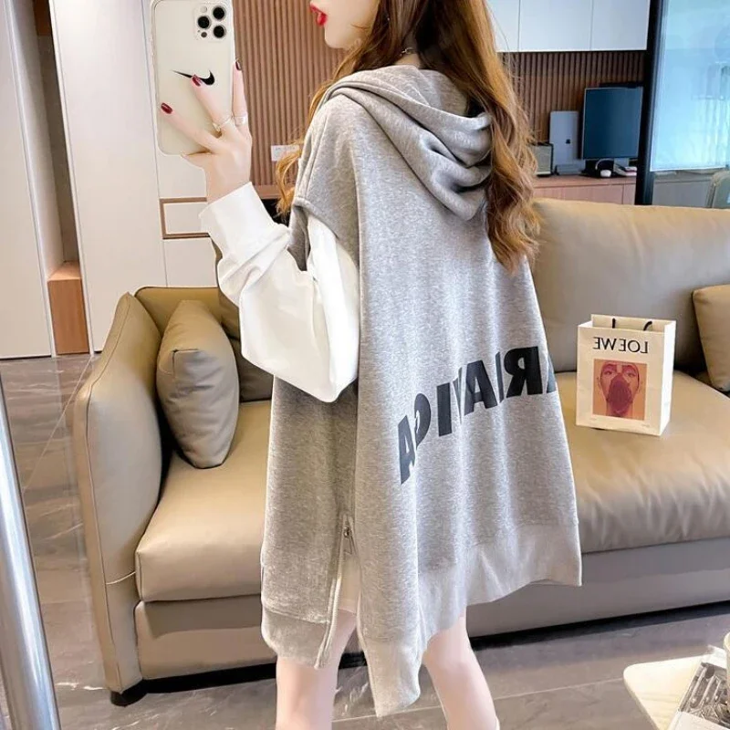 Women\'s Alphabet Print Sweatshirt Spring Autumn Hooded Sweater Vest Sleeveless Cardigan Jacket Korean Fashion Streetwear Leisure