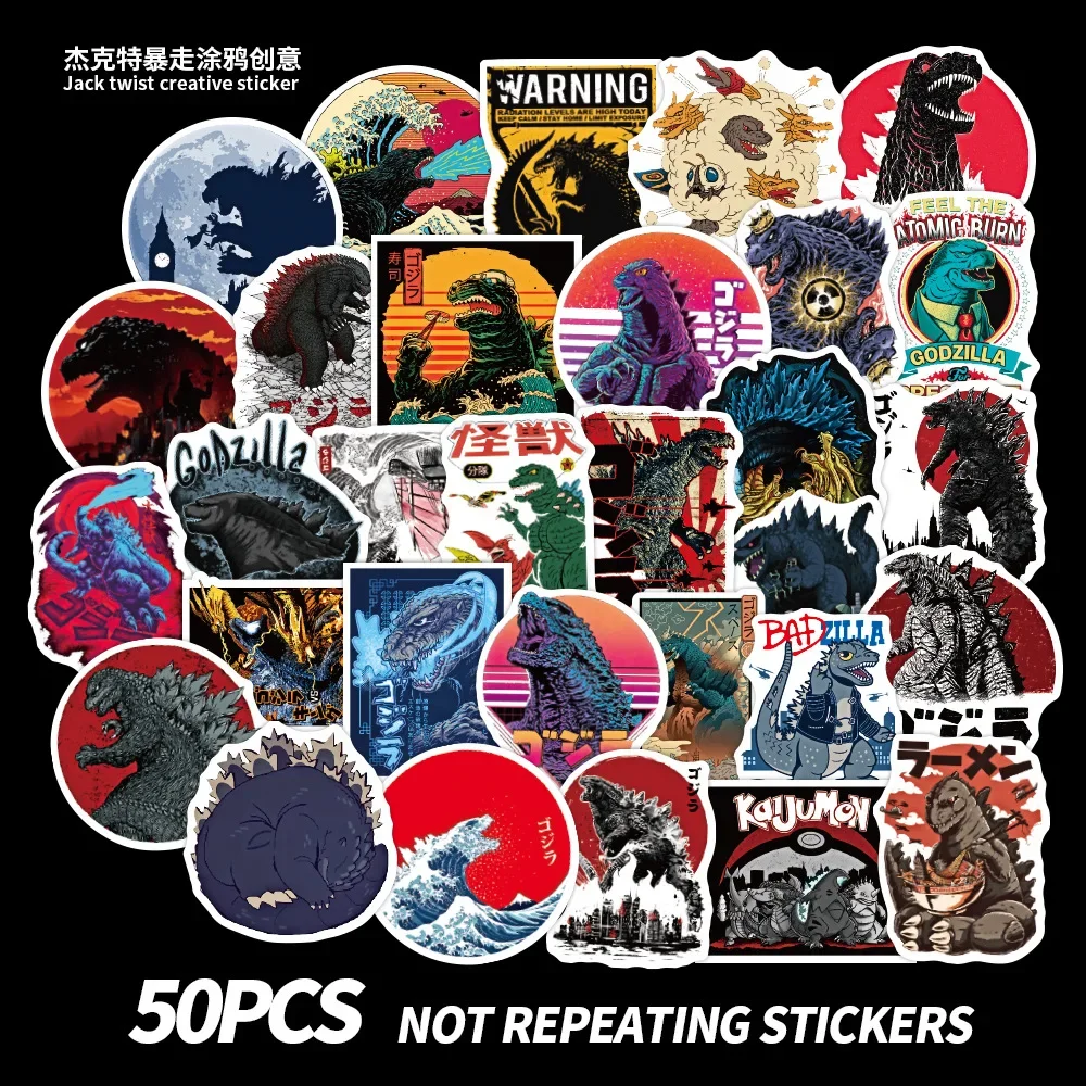 2024 New 50pcs Movie Godzilla Sticker for Luggage Phone Laptop Scooter IPad Funny Cute Waterproof Sticker Scooter Toy for Kids