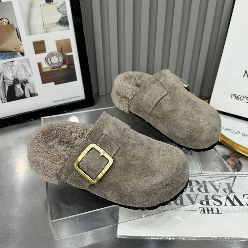 

Flats Fur Women's Slippers Suede Warm Short Plush Mules Shoes Winter Woman Cotton Boots 2025 New Cozy Casual Mujer Snow Botas