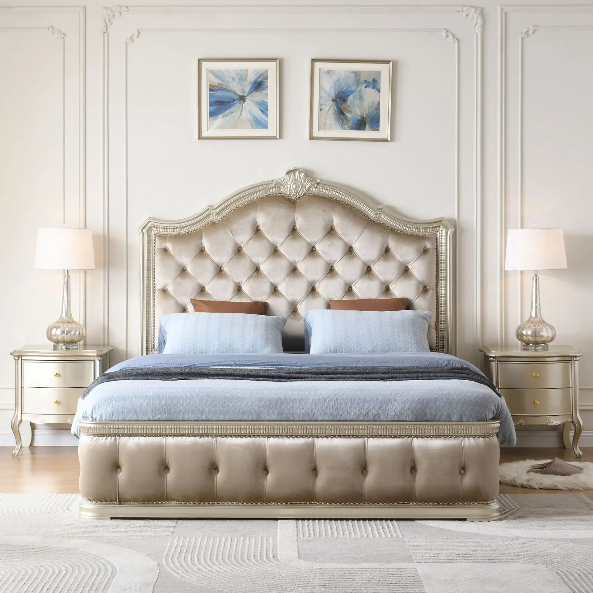 

Customizable American light luxury solid wood bed 1.8 double bed French carved master bedroom bed