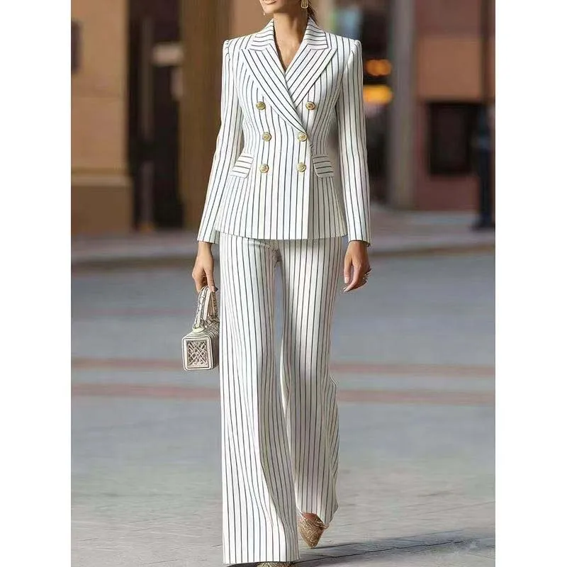 Autumn Pant Suit Women Striped Female Business Work Wear Jacket Blazer Trouser Formal 2 Piece Set Women's Clothing