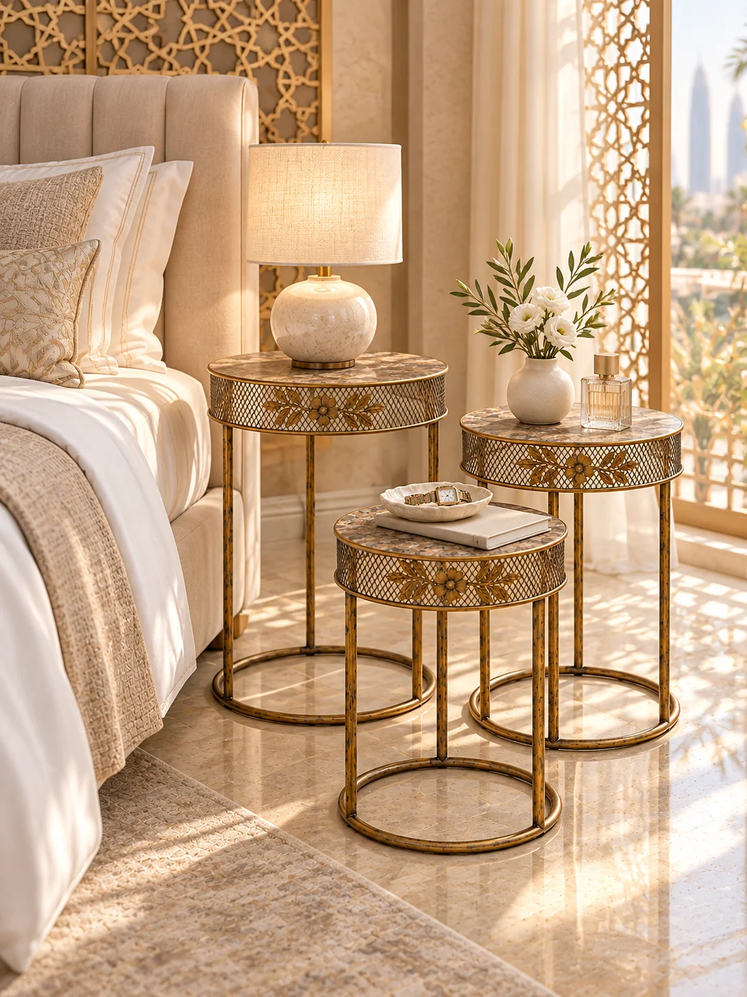 Vintage Iron Nesting Side Tables Set of 3, Antique Bronze Gold Round End Tables with Floral Mesh for Living Room