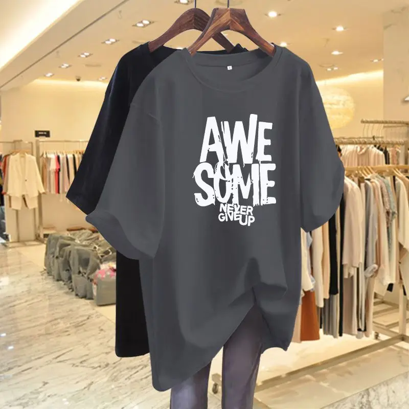 Women Clothing Casual Letter Printed T-shirt Summer Female Tops Basic Simple Short Sleeve Tees All Cotton