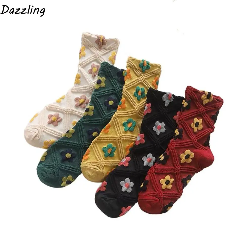 

5 пар милых женских хлопковых носков, дышащие носки средней длины с цветочным принтом, чулочно-носочные изделия для девочек, осенние носки с цветочным принтом для женщин