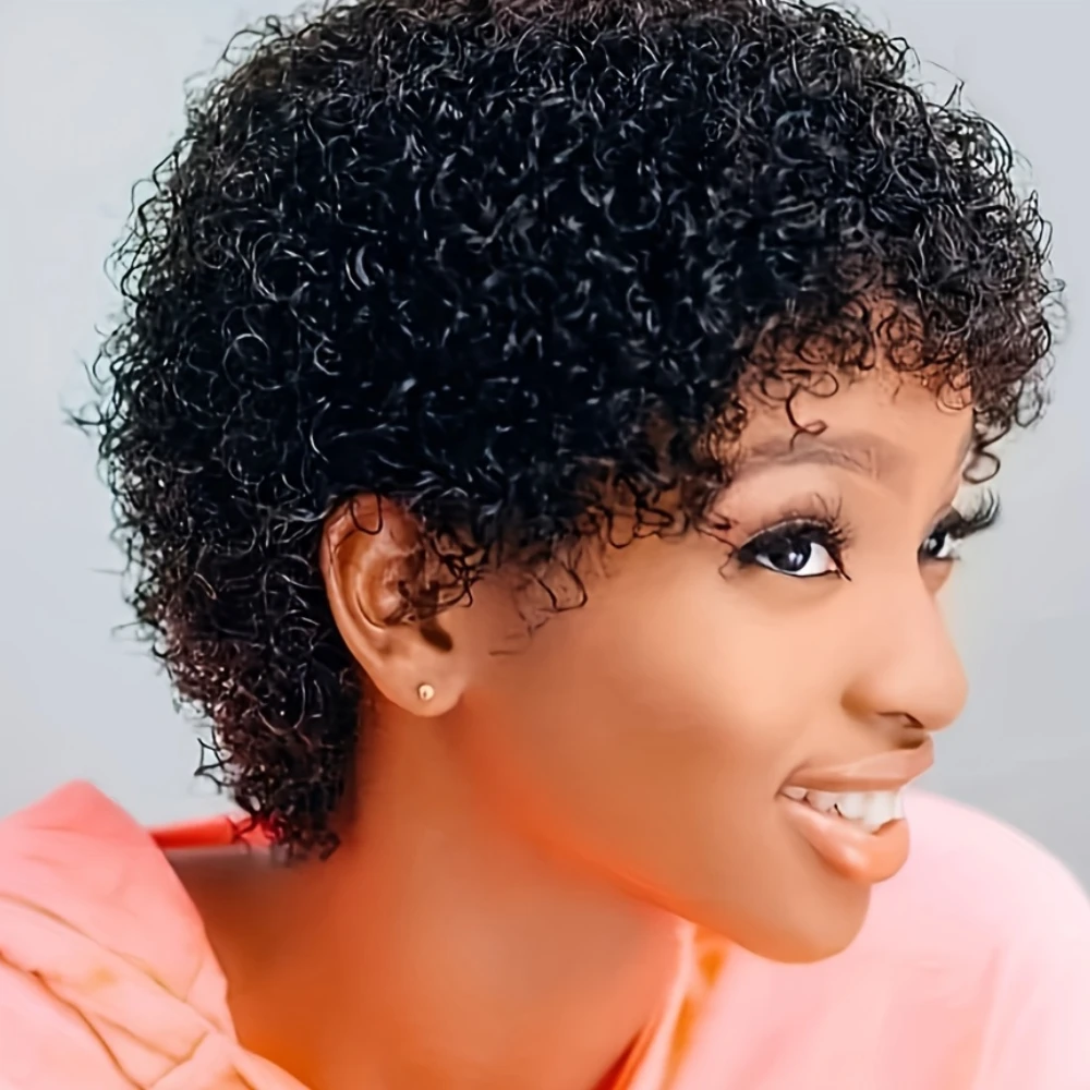 アフロ縮れ毛ウェーブウィッグ　密度150%　6インチピクシーカット　アフロ縮れ毛人毛ウィッグ　女性用　総マシンメイドウィッグ