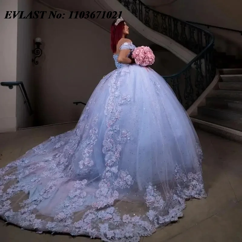 EVLAST Glitter Blue Quinnceanera Dress Ball Gown Shiny Floral Applique Beading Mexican Corset Sweet 16 Vestidos De 15 Anos SQ561