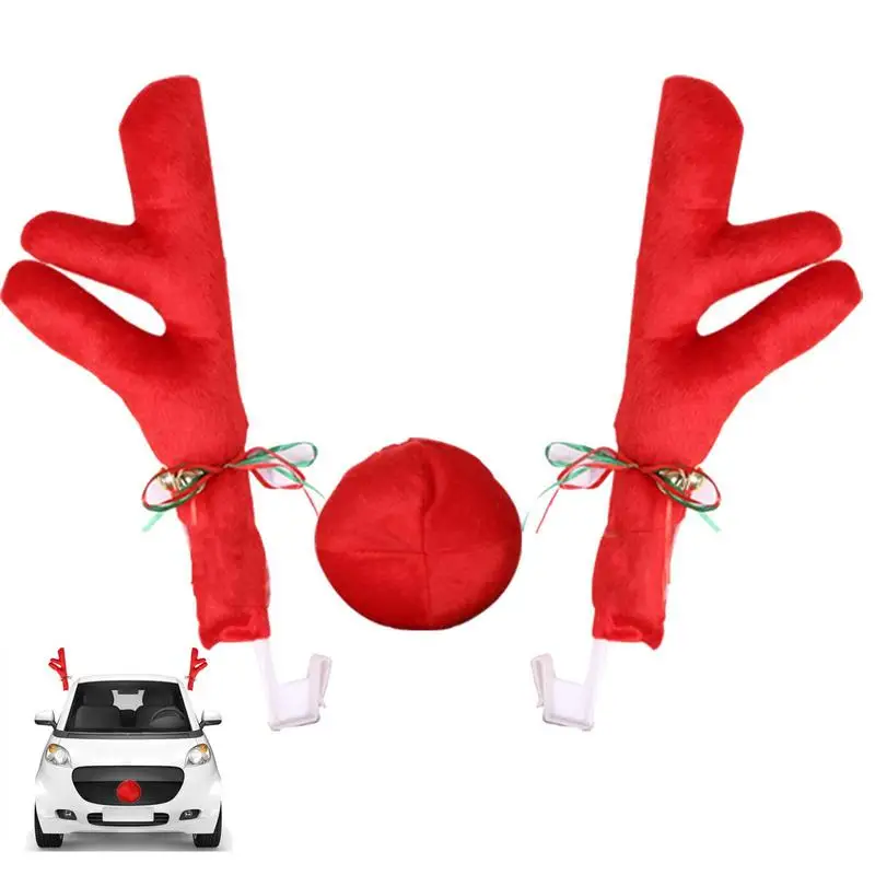 Reindeer Decoration Elk Antler Car Vehicle Nose Horn Costume Decor Set Rudolph Christmas Reindeer Antlers Red Nose Ornaments