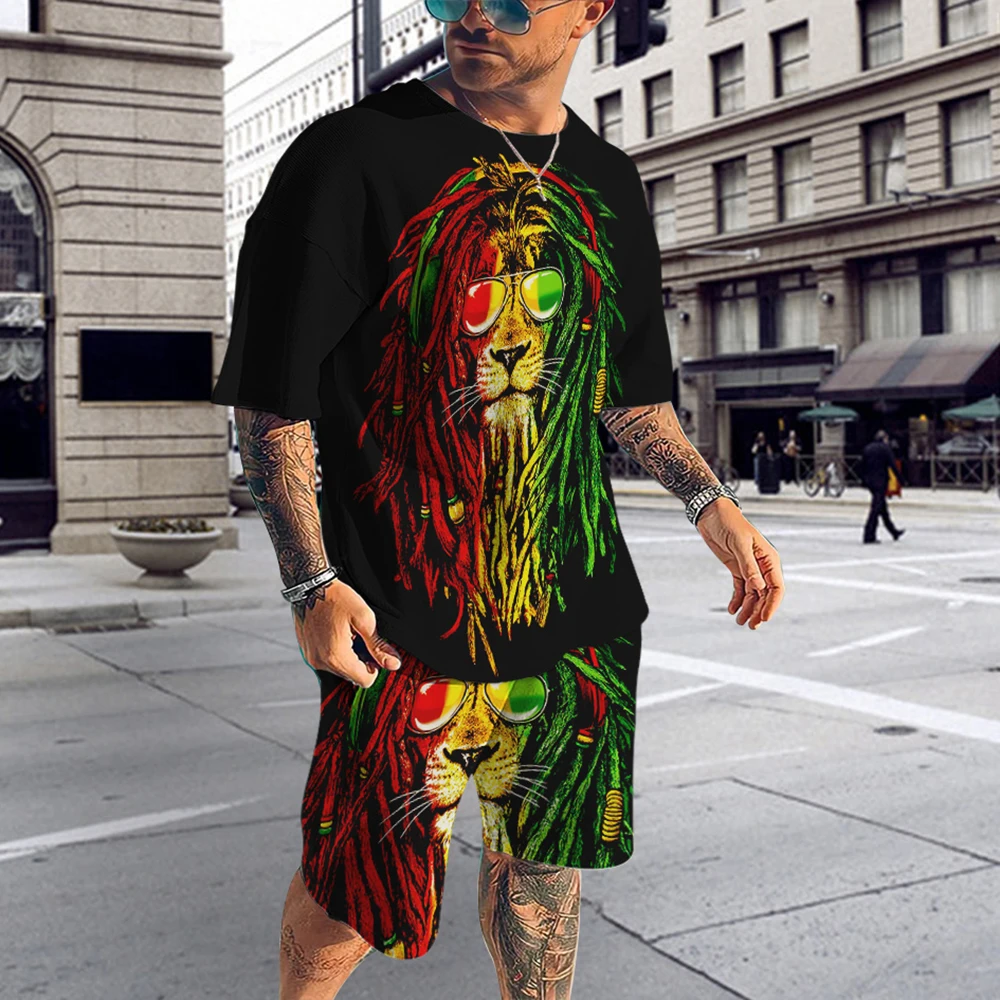 Traje de entrenamiento de Bob Marley para hombre, Conjunto de camiseta de cantante de música Rock, pantalones cortos de moda urbana, traje de Reggae