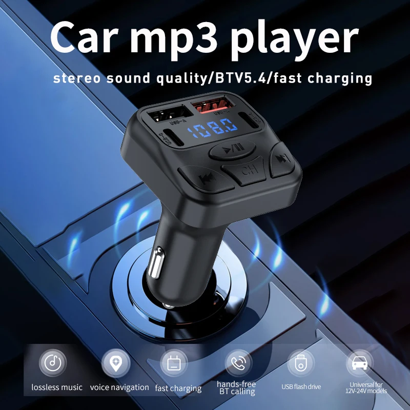 Car Bluetooth 5.4 Receiver Car FM Transmitter MP3 Player Hands-free Calling Dual USB Dual TYPE-C Port 5V2.4A Car Charger