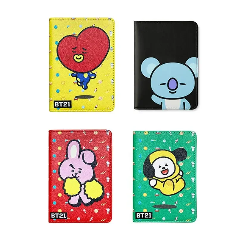 Kawaii Bt21 Small Animal Pu Coin Purse Korean Popular Cartoon Bt21 Print Folding Passport Holder Id Card Credit Card Bag Gift