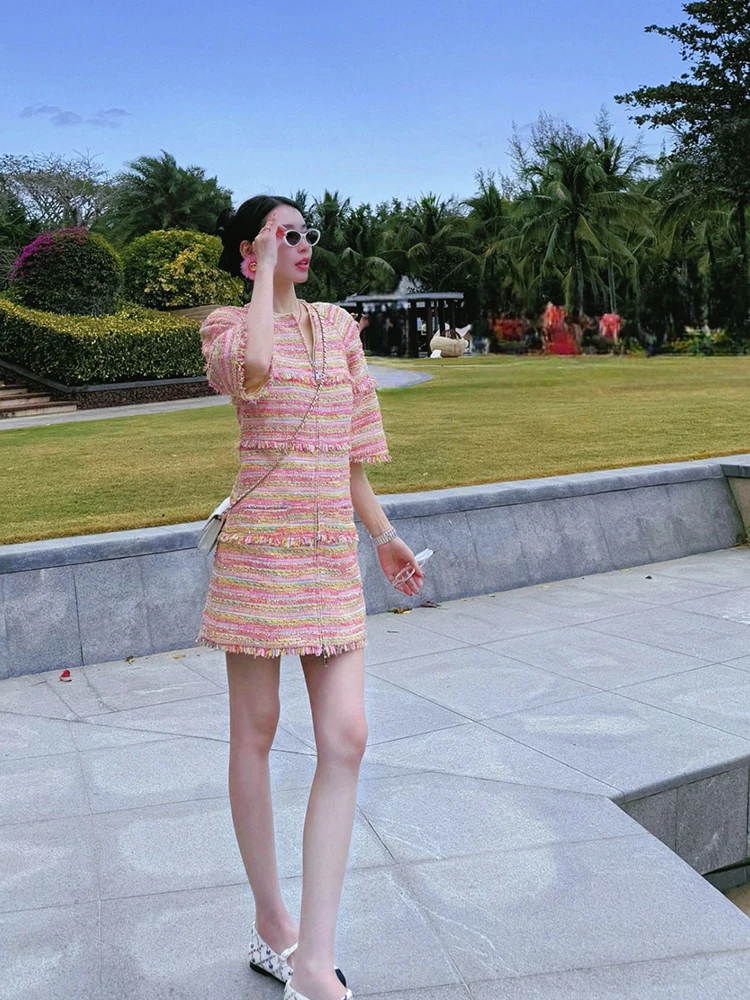 

Women's Summer Long Premium Quality Sequined Evening Dress French Crew Neck Zipper Tweed Floral Elegant Luxury Sexy Party Dress