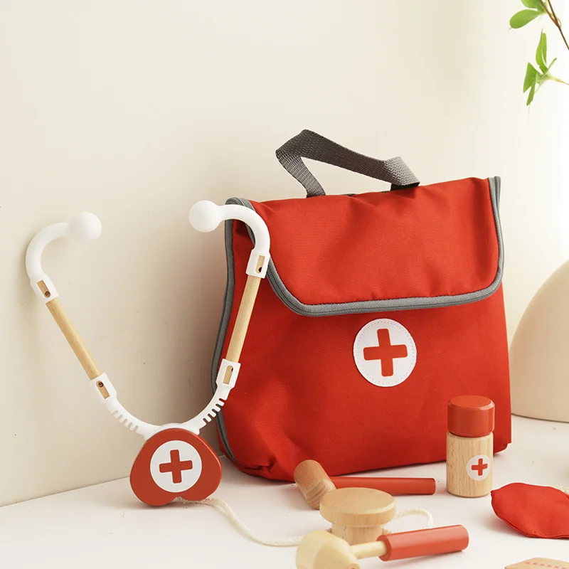 Juego de simulación de madera, kit de médico rojo, juguetes educativos para niños, juego de medicina de simulación médica, juego de rol para niños