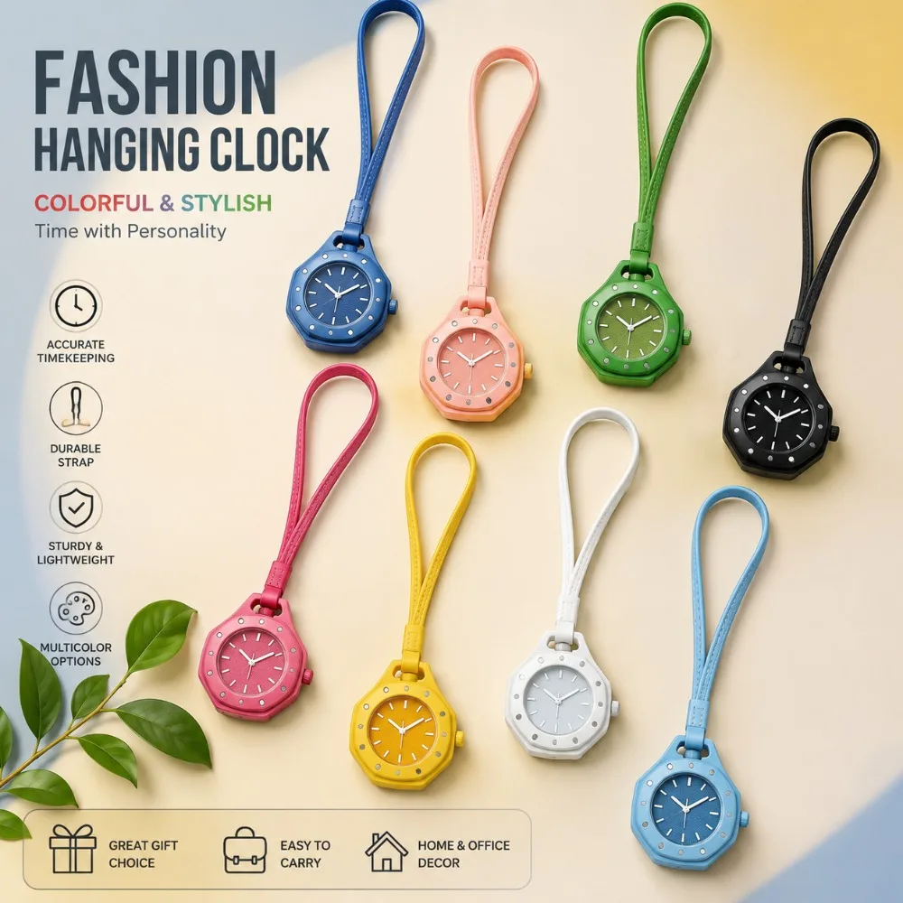 Colorful Octagonal Pendant Watch Quartz Movement Pocket Watch with Leather Strap Fashion Gift for Men Women