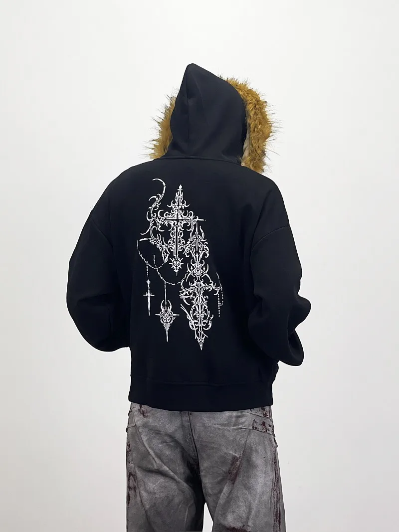 Y2K ثقافة فرعية أمريكية شارع العليا الموضة العصرية الفراء طوق مقنعين البلوز فضفاضة عادية سترة قصيرة سترة