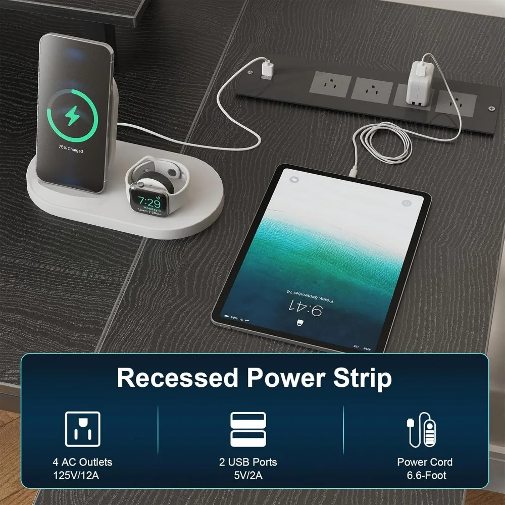 مكتب ألعاب على شكل حرف L قابل للعكس مع مخرج طاقة وإضاءة LED وحامل شاشة لإعداد الكمبيوتر المحسن