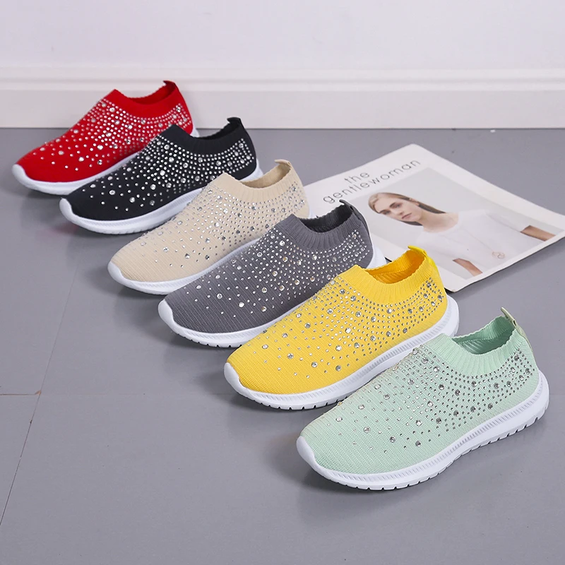 Rimocy Shiny Crystal Knitted Sneakers for Women Plus Size Light Slip on Flats Shoes Woman Casual Soft Bottom Sock Shoes Ladies