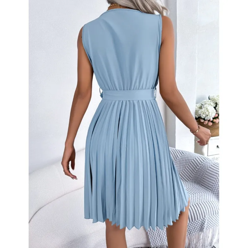 Women's Sleeveless Cinched Pleated Dress  Real Shot Elegant CrossVCollar Independent Station, Spring And Summer Clothing