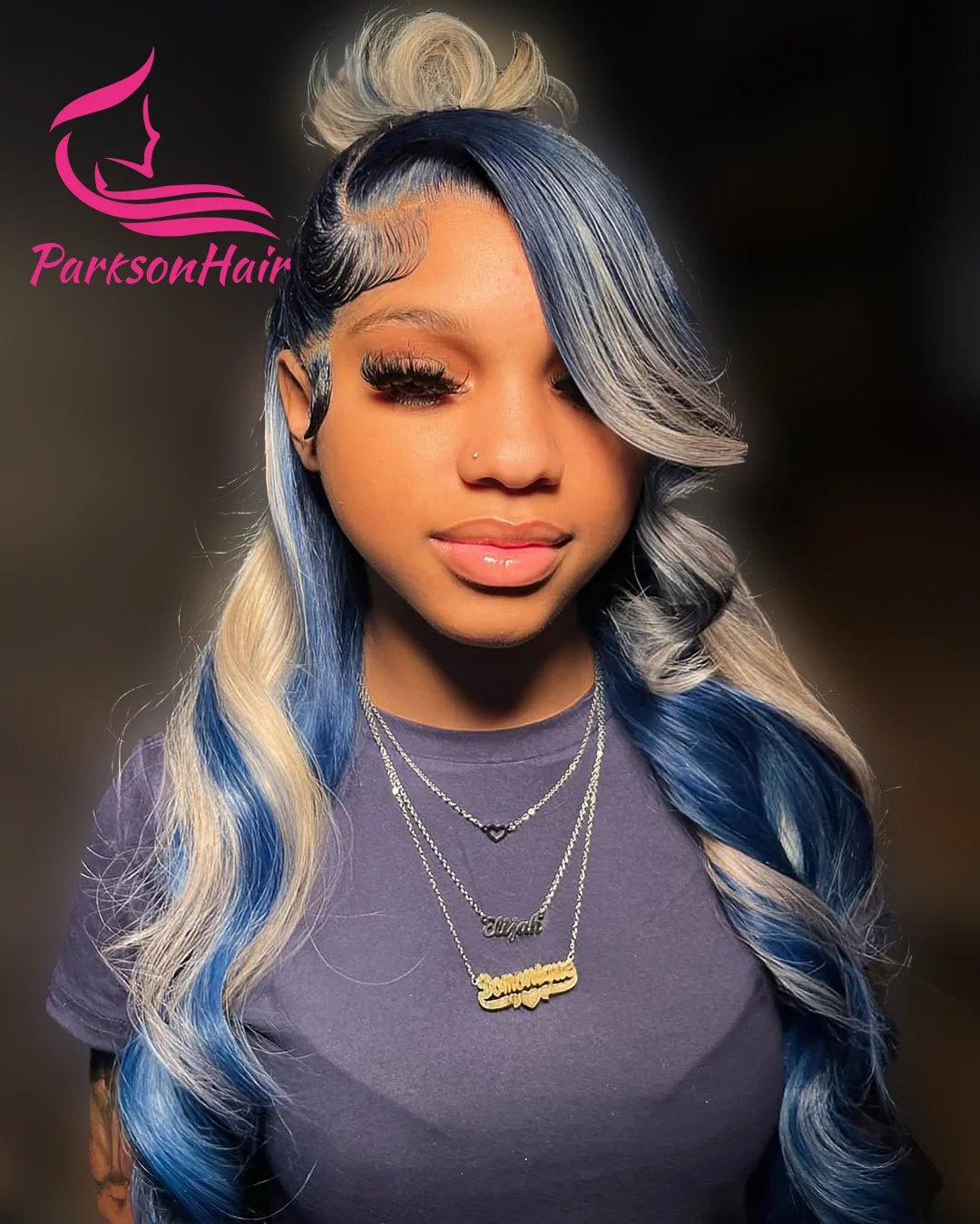 Highlights Echthaar-Lace-Front-Perücken, gewellt, grau, mit blau gefärbtem brasilianischem Rohhaar, 13 x 6, 13 x 4, Lace-Frontal-Perücken für Frauen