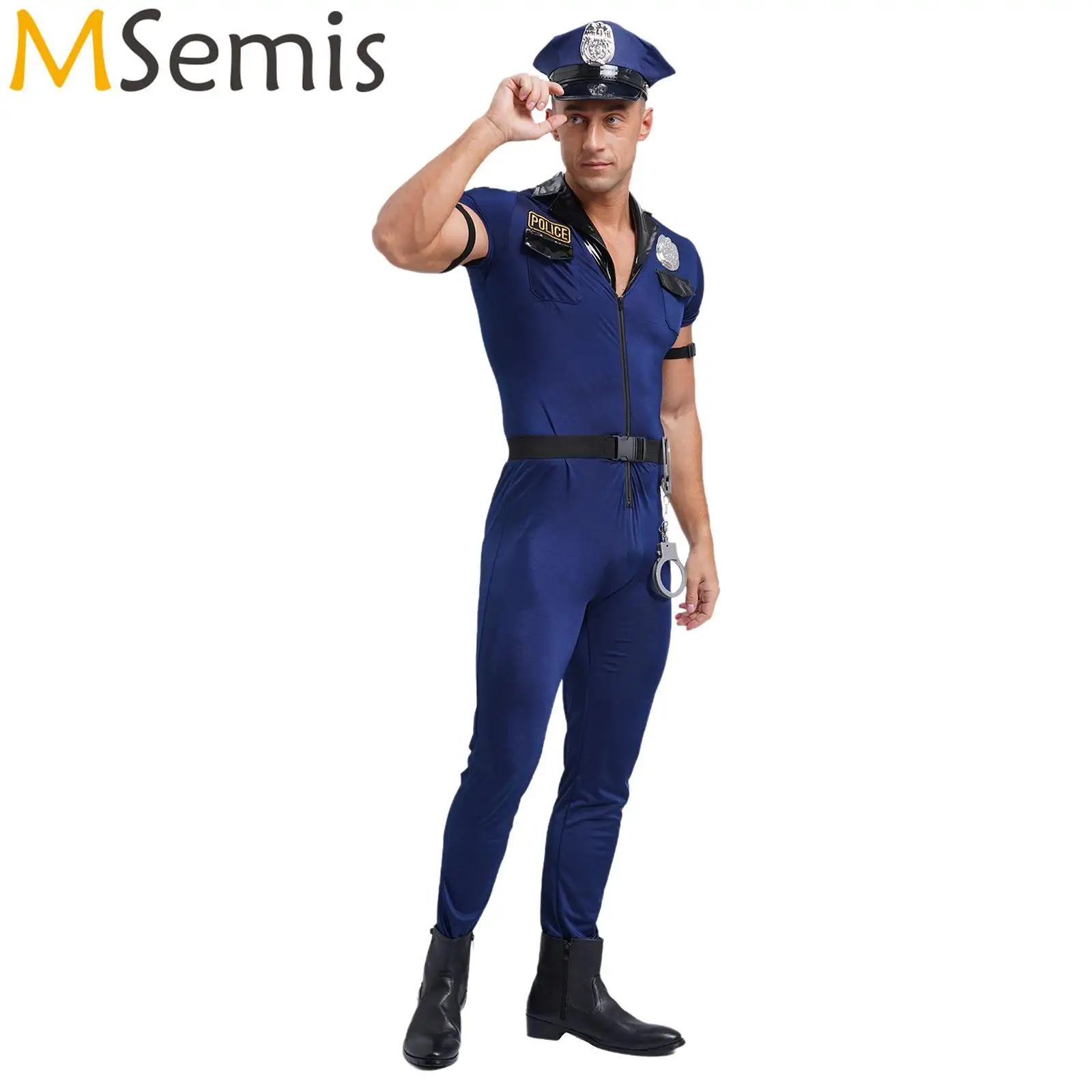 

Mens Police Uniform Cosplay Costumes Front Zipper Role Play Jumpsuit Hat Belt Manacles Badge 7-Piece Dirty Cop Officer Costumes